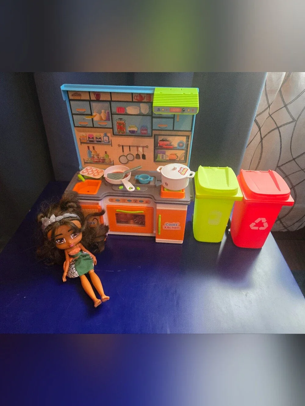 Kids Playset - Bright Toy Kitchen, Toy Garbage Bins & Doll
